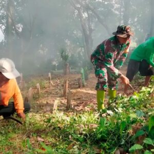 Dalam Rangka Sedekah Bumi, Babinsa Koramil 0811/07 Soko Kerja Bakti Pembersihan Makam