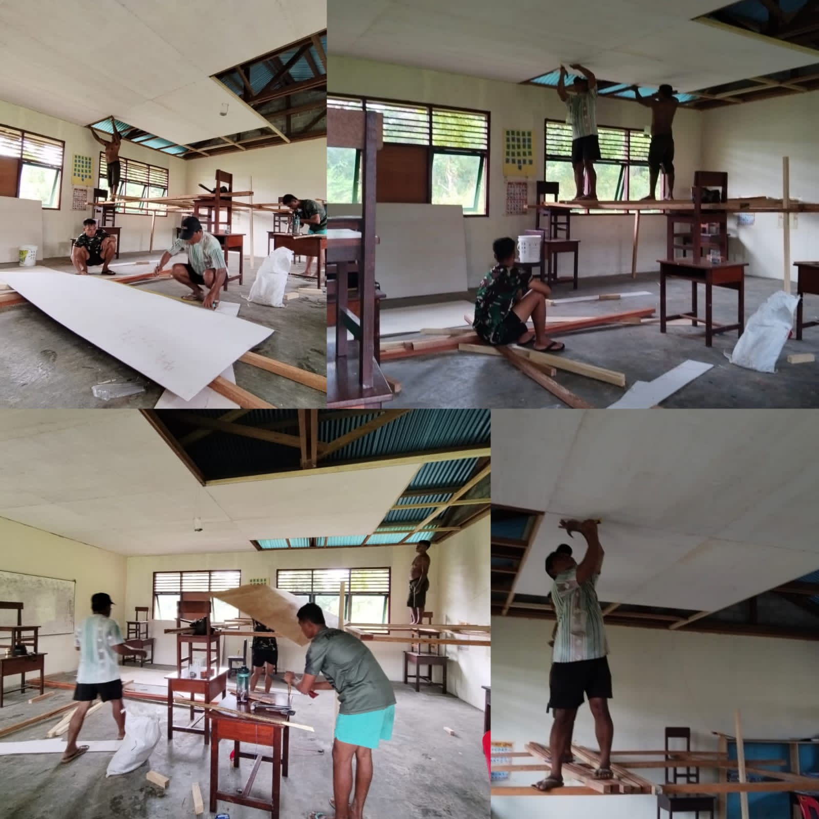 Satgas Tmmd Ke-128 Kodim 1801/Manokwari Pasang Plafon Ruang Perpustakaan SD Inpres 62 Asai