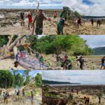 Gotong Royong Bersama Warga, Satgas TMMD Ke-128 Bersihkan Pantai di Kampung Tanah Rubuh