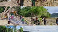 Gotong Royong Bersama Warga, Satgas TMMD Ke-128 Bersihkan Pantai di Kampung Tanah Rubuh