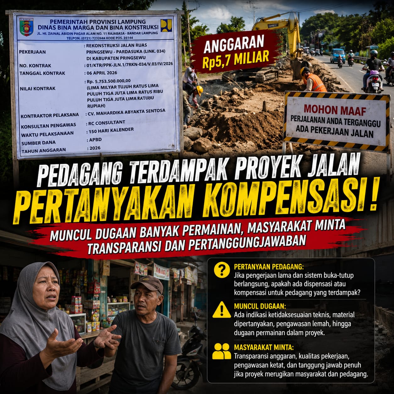 Pedagang Terdampak Proyek Rp5,7 Miliar Pertanyakan Kompensasi, Minta Pelaksana Bertanggung Jawab Jika Timbulkan Kerugian