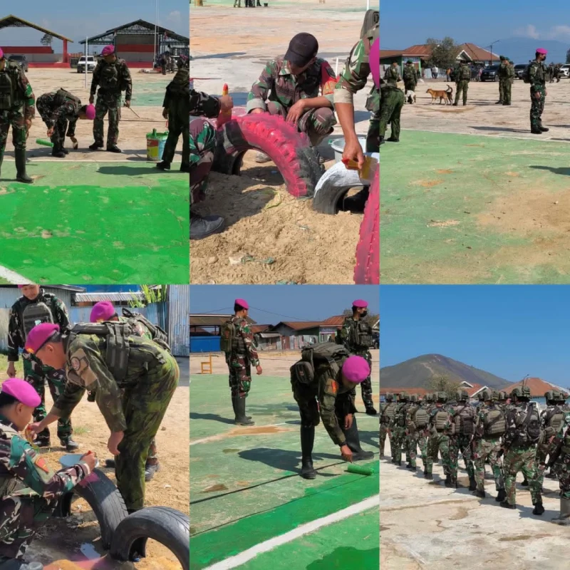Terus Benahi dan Percantik Fasilitas Umum Lapangan Karel Gobay Oleh Satgas Yonif 2 Marinir Jelang HUT Ke-81 TNI