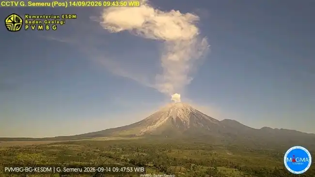 Gunung Semeru Erupsi pada 14 Oktober 2026, Status Level III dan Abu Membumbung 3.876 Meter